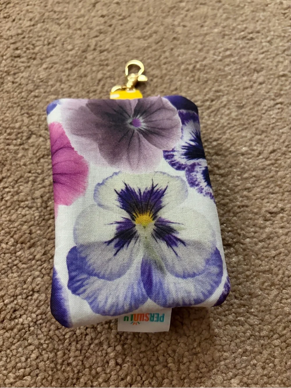 Quilted Purple Floral Key Pouch with Yellow Clip